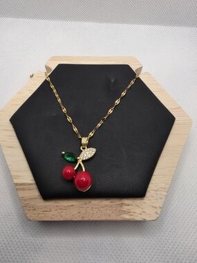 Gold Plated Cherry Pendant Necklace with Red and Green Accents